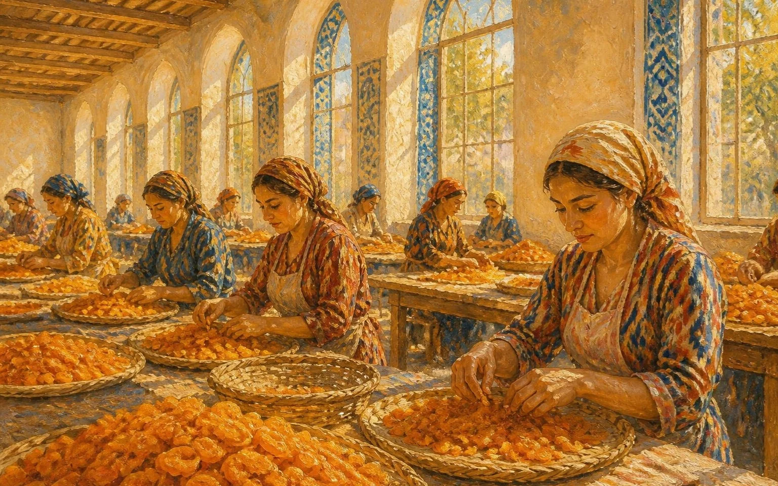 Живопись: ручная сортировка кураги в светлом цехе